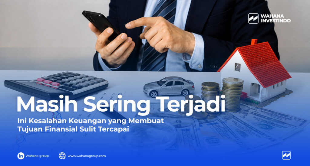 Ilustrasi seseorang sedang mengatur anggaran keuangan, menabung, dan merencanakan investasi untuk mencapai stabilitas finansial.