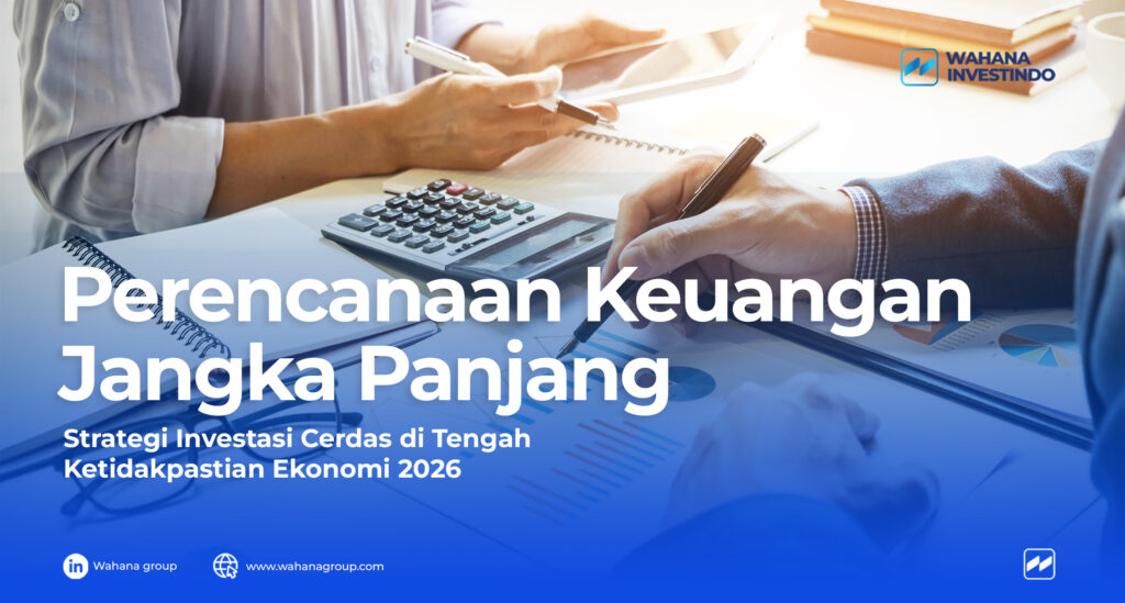 Ilustrasi investor muda sedang menyusun perencanaan keuangan jangka panjang dengan grafik investasi, aset, dan target kebebasan finansial.